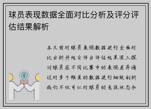 球员表现数据全面对比分析及评分评估结果解析